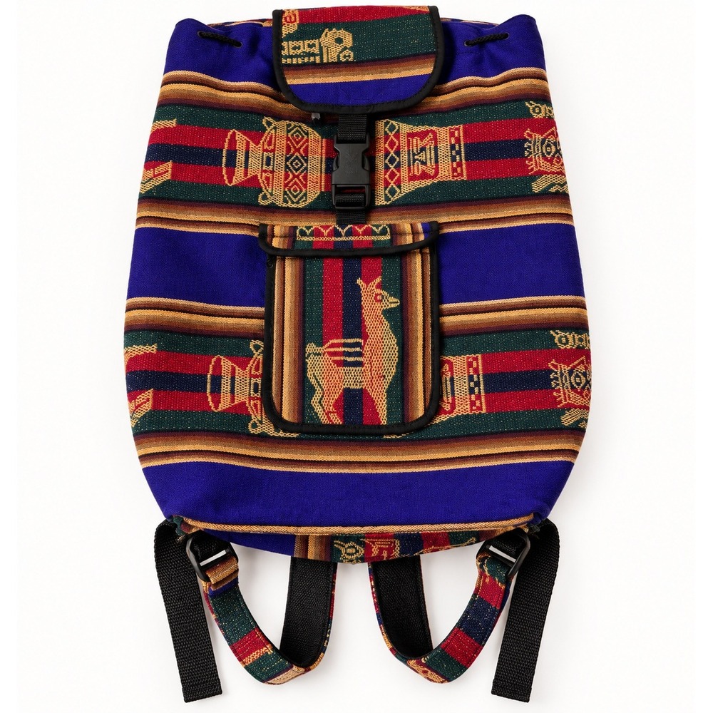 Boho Woven Llama Backpack Multicolor Southwestern Tribal Drawstring Rucksack